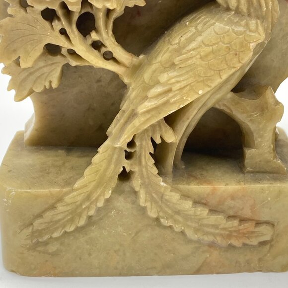 Vintage Pair of Hand-Carved Green Soapstone Bookends Phoenix Bird Lotus Flower - Picture 6 of 16